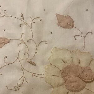White  Cotton Handkerchief with Beige Flower Hand Embroidered  1950’s